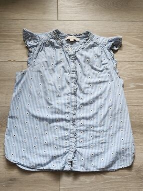 LOFT Cottagecore Feminine Light Blue&White Striped Cap-Sleeve Blouse Size S